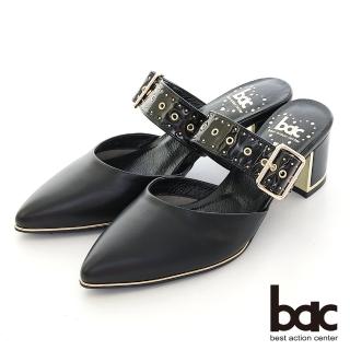 【bac】前衛時髦尖頭撞色鉚釘裝飾粗跟穆勒鞋(黑色)