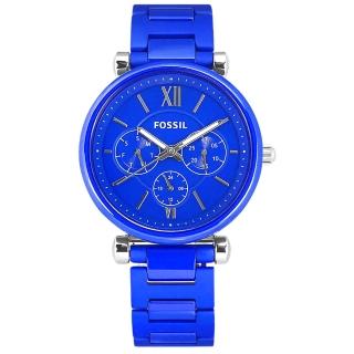 【FOSSIL】限量版 Carlie 優雅迷人 三眼三針 日本機芯 陶瓷手錶 寶藍色 38mm(LE1097)