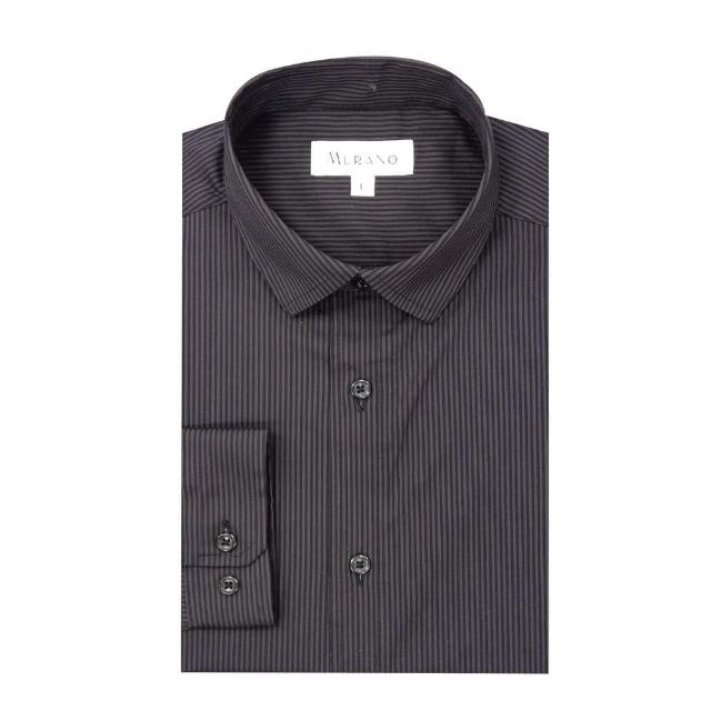 【MURANO】彈性修身長袖襯衫-灰底黑條(台灣製、現貨、彈性條紋)