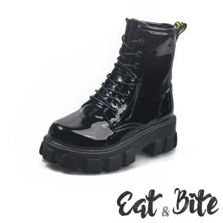 【E&B】個性帥氣鬆糕厚底粗跟八孔馬丁靴(漆皮黑)