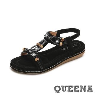 【QUEENA】波希米亞民族風華麗美鑽繩飾舒適平底涼鞋(黑)