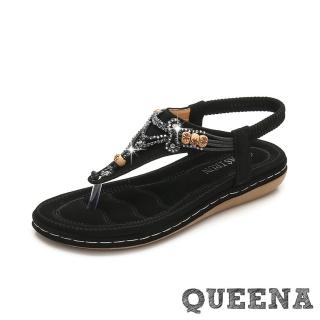 【QUEENA】波希米亞民族風美鑽串珠T字夾腳舒適厚底涼鞋(黑)