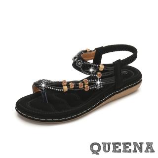 【QUEENA】復古水鑽串珠繩飾趾環造型平底羅馬涼鞋(黑)