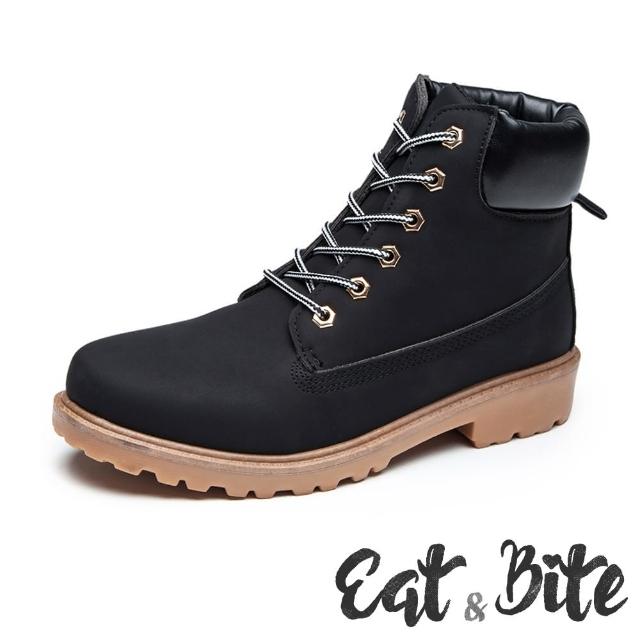 【E&B】特殊設計撞色6孔低跟短筒工裝馬丁靴(黑)