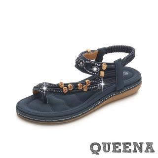 【QUEENA】復古水鑽串珠繩飾趾環造型平底羅馬涼鞋(藏青)