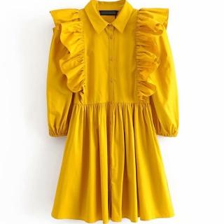 【Aichi 艾齊意】雙側荷葉邊排釦黃色素面短洋裝(XS-L)