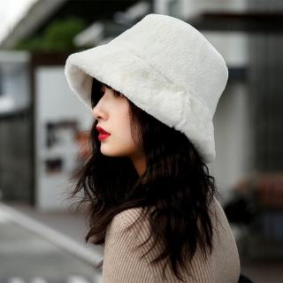 【幸福揚邑】韓版時尚保暖毛絨漁夫帽盆帽平頂帽(白)