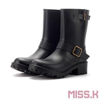 【MISS.K】龐克經典款時尚防滑耐磨機車靴 個性雨靴(黑)