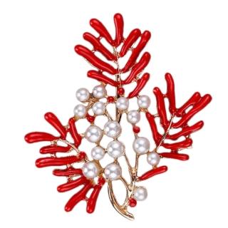 【RJNewYork】典藏珊瑚花鋯石珍珠胸針別針兩用(紅色)