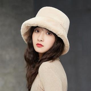 【幸福揚邑】韓版時尚保暖毛絨漁夫帽盆帽平頂帽(米)