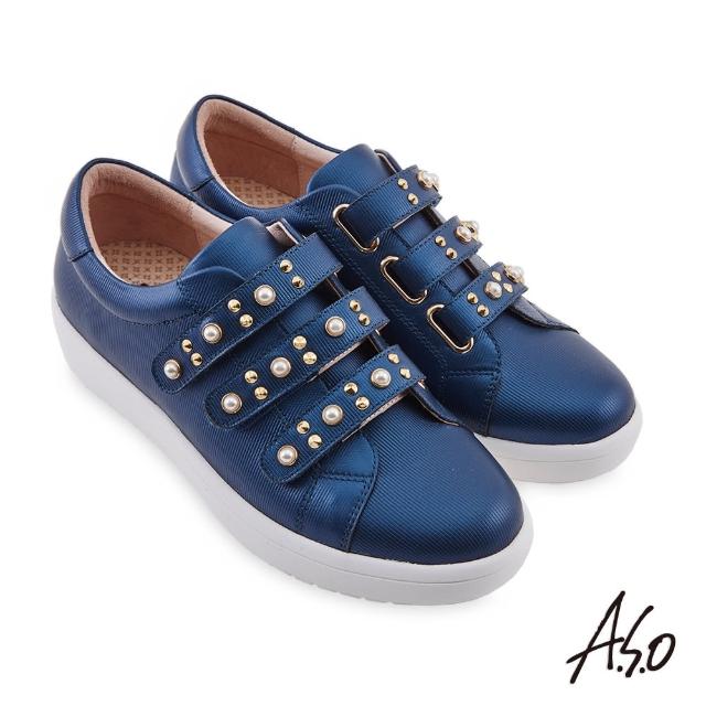 【A.S.O 阿瘦集團】機能休閒 3D超動能時尚珍珠鉚釘輕巧休閒鞋(藍)