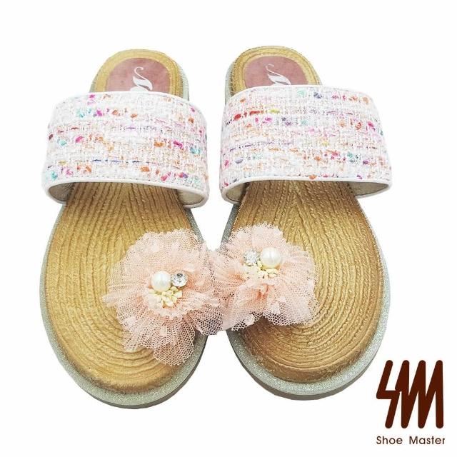 【MK】唯美度假風-粉嫩花朵編織一字夾腳拖鞋(粉色)