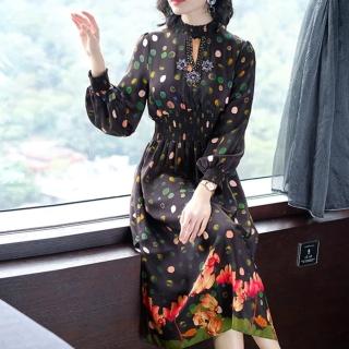 【ALICAI 艾麗彩】綠點點紅蓮搖曳印花縮口袖洋裝(中大尺碼/M-3XL)