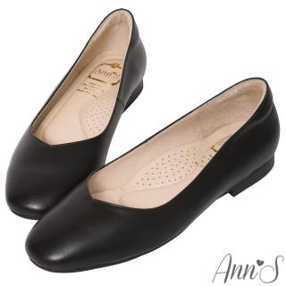 【Ann’S】奶奶鞋-V型小羊皮真皮方頭平底鞋(黑)
