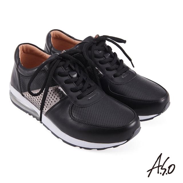 【A.S.O 阿瘦集團】3D超動能沖孔拼接真皮休閒鞋(黑色)
