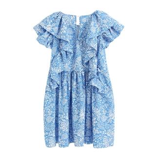 【Aichi 艾齊意】荷葉邊天藍滿版花卉印花短洋裝(XS-L)