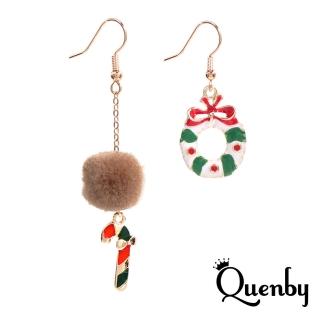 【Quenby】秋冬聖誕款不對稱球球枴杖棒棒糖花圈長耳環/耳針(飾品/配件/