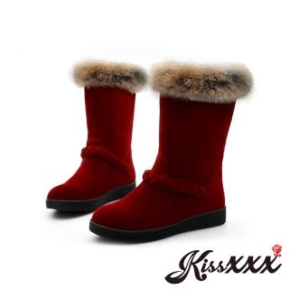 【KissXXX】雪絨兔毛靴口金屬亮皮編織條飾中筒雪靴(酒紅)