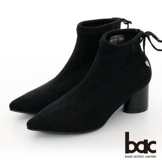 【bac】中性時尚尖頭閃耀彈力布圓錐粗跟短靴(黑色)