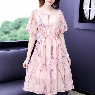 【ALICAI 艾麗彩】粉紅雙色不規則線條印花長洋裝(S-2XL)