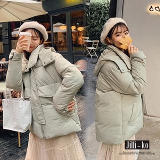 【JILLI-KO】保暖防風羽絨棉立領連帽外套-F(黃/淺綠)