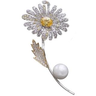 【Jpqueen】魅惑時尚花朵珍珠鋯石胸針別針兩用(金色)