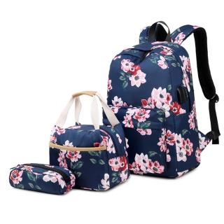 【Jpqueen】藝術風潮花卉USB孔後肩雙肩背包午餐袋筆袋三件組(4色可選)