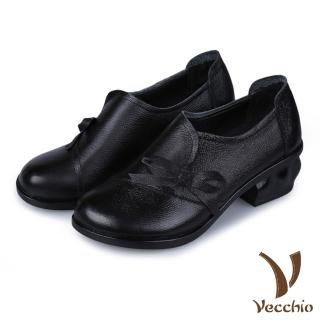 【Vecchio】全真皮頭層牛皮側邊蝴蝶結飾深口粗跟樂福鞋(黑)