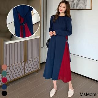 【MsMore】韓款浪漫氣質撞色百折綁帶顯瘦雪紡長洋裝#105883(5色)