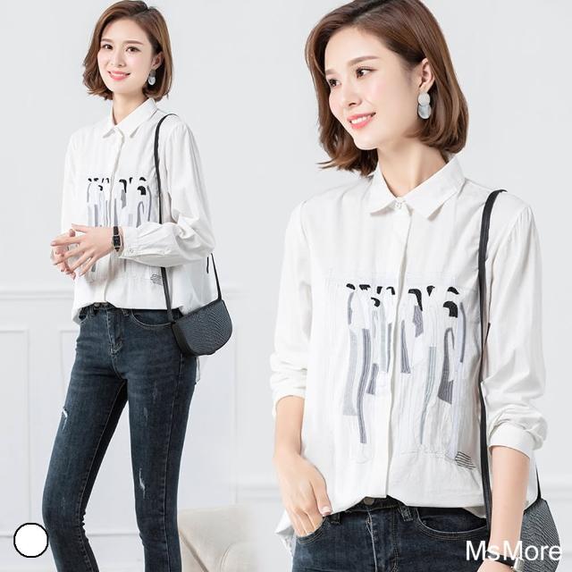 【MsMore】韓款OL質感藝術刺繡長袖襯衫b#105859(白色)