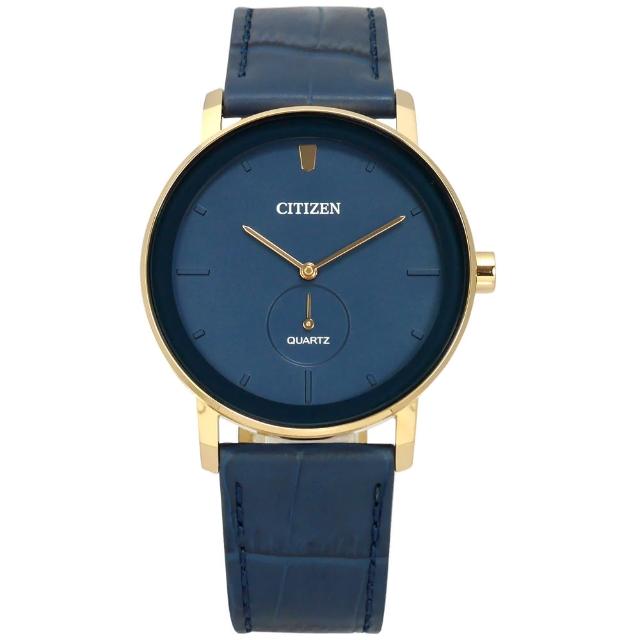 【CITIZEN 星辰】簡約時尚 礦石強化玻璃 日本機芯 壓紋真皮手錶 藍x香檳金框x藍 42mm(BE9183-03L)