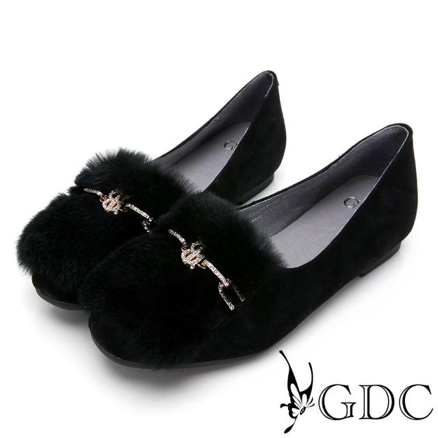 【GDC】低調奢華真皮絨毛水鑽平底包鞋-黑色(924784)