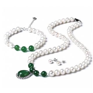 【Jpqueen】水滴型綠玉珍珠耳環手鍊項鍊3件套組(綠色)