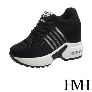 【HMH】縷空洞洞線條造型飛織網布內增高厚底休閒鞋(黑)