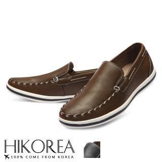 【HIKOREA】韓國空運/版型正常。男款簡約素面皮革縫線裝飾船型休閒鞋 正裝 厚底(73-401共2色/現貨+預購)