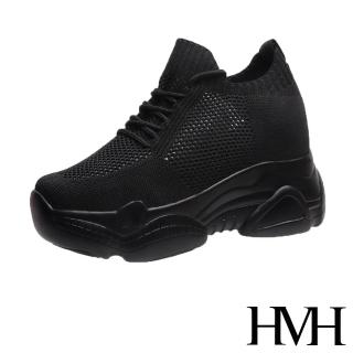 【HMH】經典純色飛織綁帶造型透氣舒適內增高厚底休閒鞋(黑)