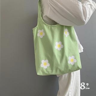【89 zone】法式花朵甜心簡約文藝 單肩包 帆布包(小雛菊綠)