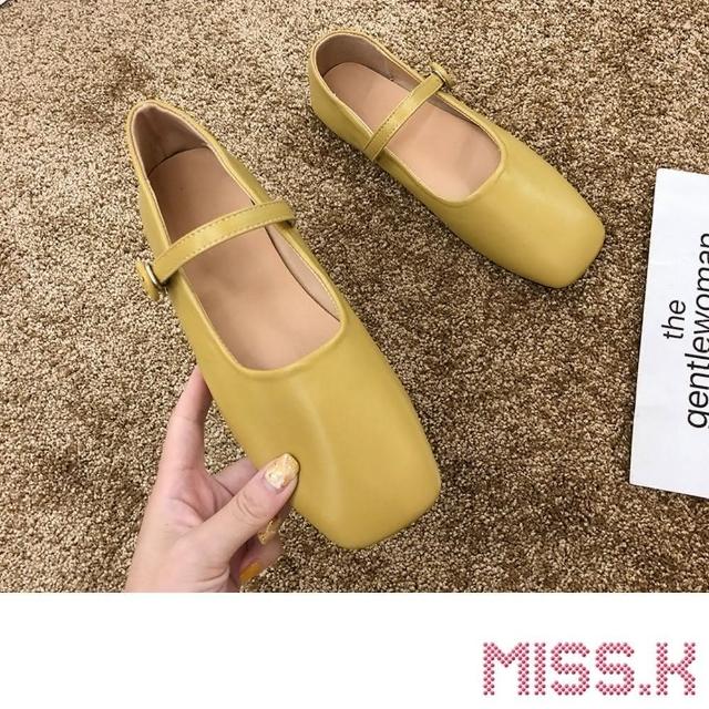 【MISS.K】方頭舒適小圓釦一字帶軟底瑪莉珍平底鞋(黃)