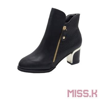 【MISS.K】異材質拼接圓頭美腳金屬粗跟短靴(黑)