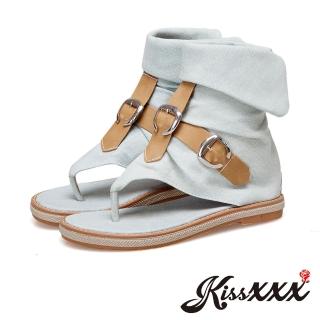 【KissXXX】個性牛仔皮帶拼接復古造型平底夾腳涼鞋(水藍)