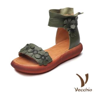 【Vecchio】真皮頭層牛皮唯美手工暈色花朵繫帶厚底涼鞋(綠)