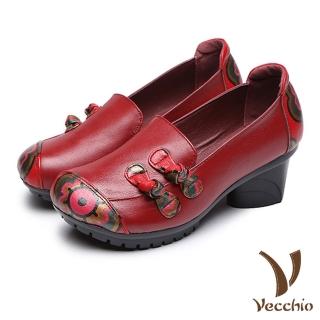 【Vecchio】真皮頭層牛皮民族風印花典雅傳統服飾蝴蝶結造型粗跟鞋(紅)