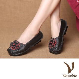 【Vecchio】全真皮頭層牛皮蝴蝶意象立體花朵手工縫線軟底單鞋(黑)