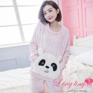 【lingling】PA4283全尺碼-圓領前熊貓口袋水貂絨長袖二件式睡衣組(紅粉混白)