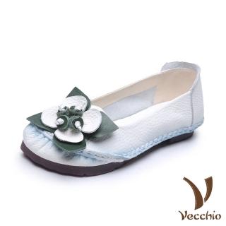 【Vecchio】真皮頭層牛皮撞色花朵手工扎花軟底低跟單鞋(白)