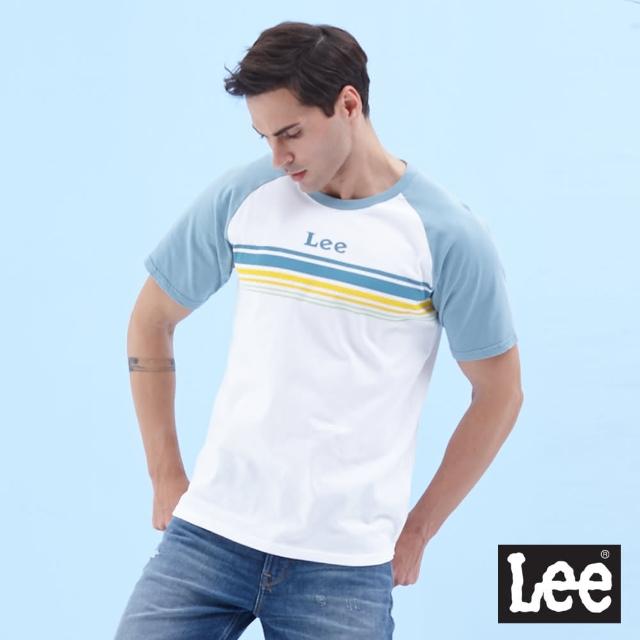 【Lee 官方旗艦】男裝 短袖T恤 / 小LOGO撞色連肩設計 白/灰藍袖 標準版型(LL20012766N)