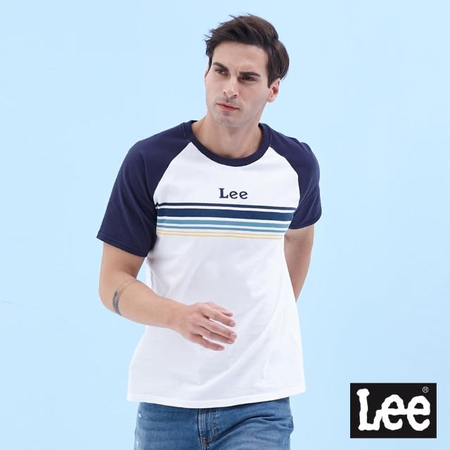 【Lee 官方旗艦】男裝 短袖T恤 / 小LOGO撞色連肩設計 白/丈青袖 標準版型(LL20012766T)