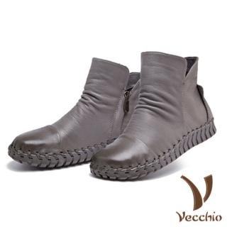【Vecchio】真牛皮手工縫線百搭基本款舒適平底短靴(灰)
