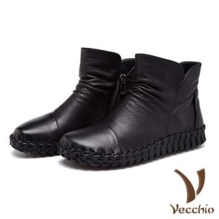 【Vecchio】真牛皮手工縫線百搭基本款舒適平底短靴(黑)