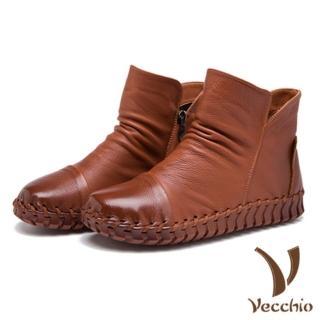 【Vecchio】真牛皮手工縫線百搭基本款舒適平底短靴(卡其)